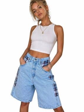 Vintage Zena Patchwork Denim Shorts Womens Plaid Carpenter Y2K Skater Grunge